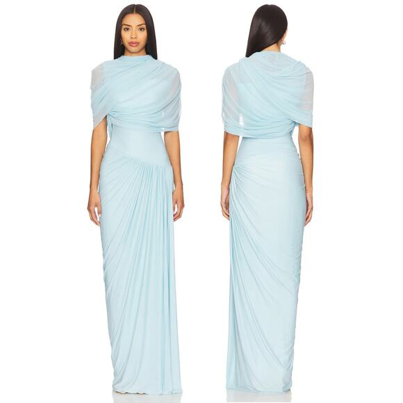 Deme by Gabriella Jasmine Maxi Dress Draped Party Formal Elegant Luxury Blue XS